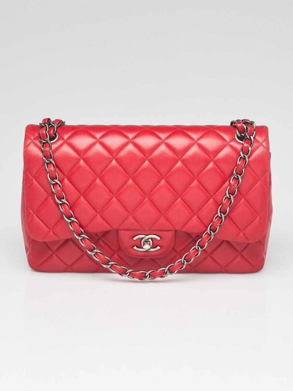 Chanel Red Quilted Lambskin Leather Classic Jumbo Double Flap Bag